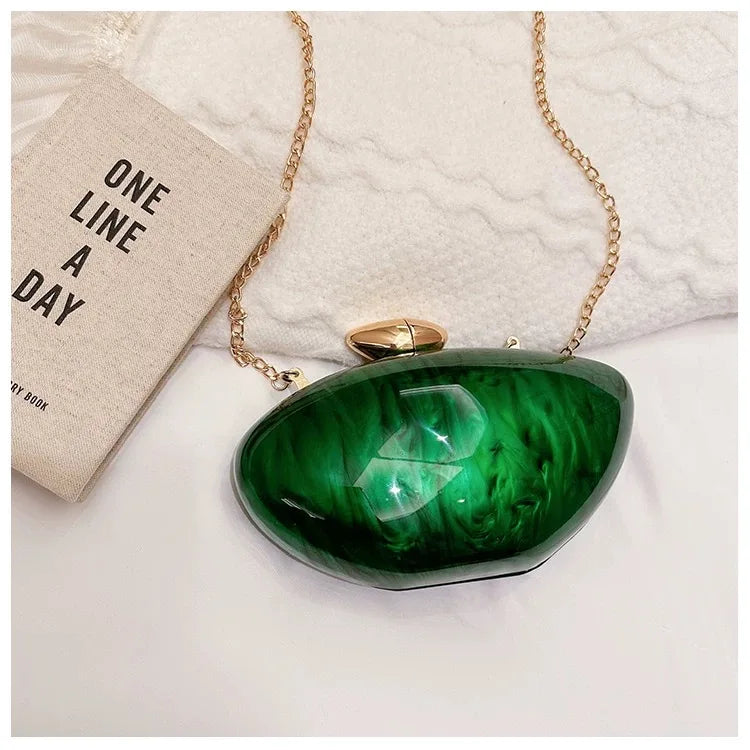 Acrylic Shell Minaudiere | Hard Marble Green Pearl Bridal Handbag Luxegan