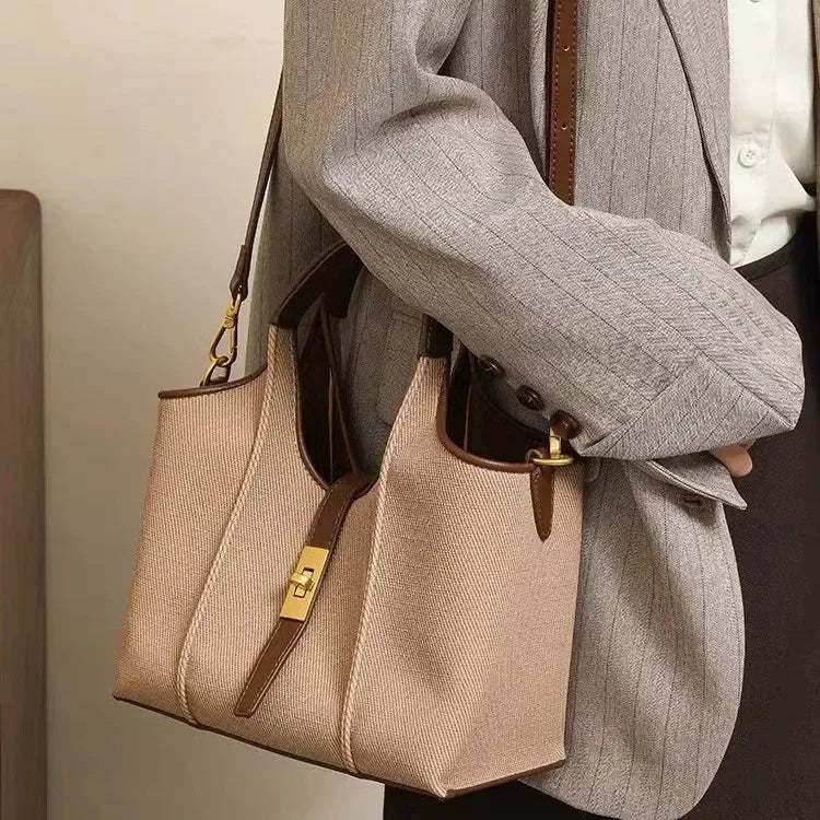 Canvas/PU Oil Wax Bucket Tote | Moderate Commuter Crossbody Luxegan