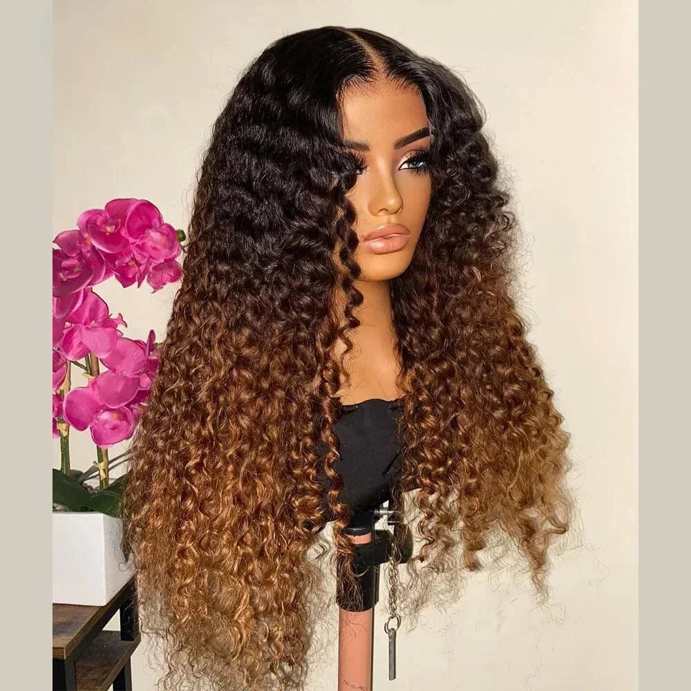 26-Inch Soft Brown Ombre Kinky Curly Wig | Sophisticated "Soft Transition" Lace Frontal | Elegant "High-Temperature Fiber" Silhouette | "Dignified" Pre-Plucked Glueless Synthetic Hair for Radiant Versatile Styling Luxegan