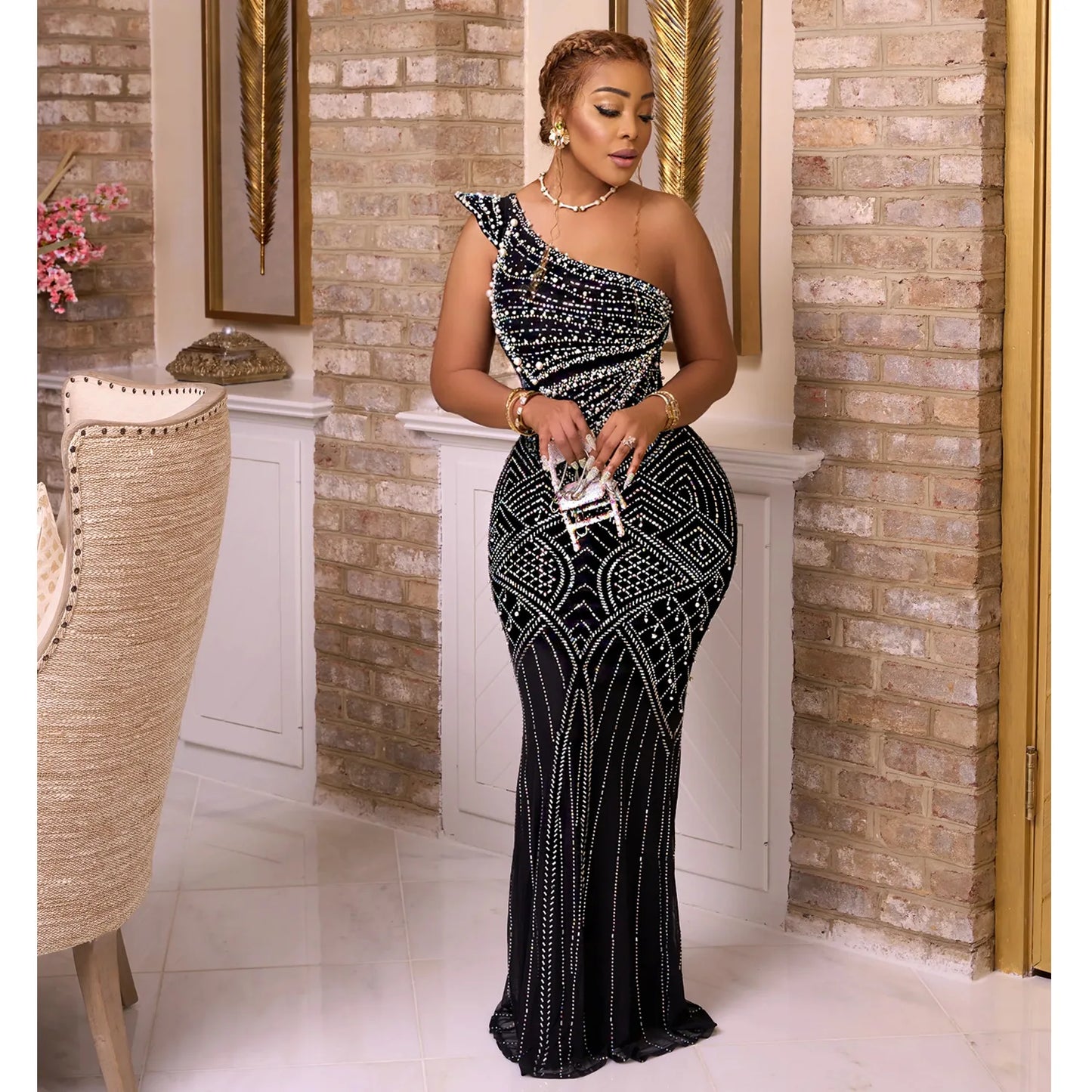 One-Shoulder Skew Collar Hot Drilling Midi Dress | Sleeveless Hip Wrap Sheath Sexy Club Party Dress Luxegan