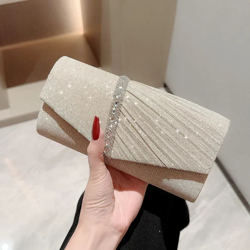 Elegant Glitter Silver Envelope Clutch | Fashion Hard-Shell Evening Bag with Flap Pocket | Luxury Party Handbag & Long Chain Shoulder Bag for Weddings Luxegan