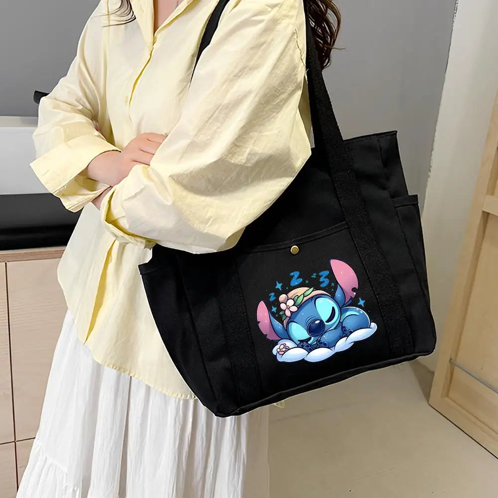 Lilo & Stitch Large Canvas Tote Bag | College Style Commuter & Student Shoulder Bag | Cartoon Shopping Handbag (Unisex) Luxegan
