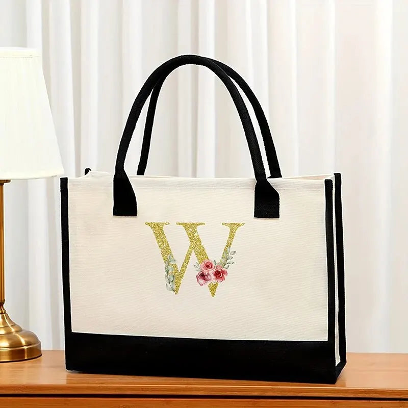 Canvas Gold Letter Fashion Tote Bag | Trendy Metallic Initial Handbag | Large Capacity Canvas Shopping Bag & Daily Satchel for Women Luxegan