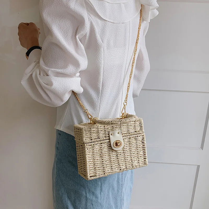 Hard Straw Woven Box Crossbody | Bohemian Chain Beach Bag Luxegan