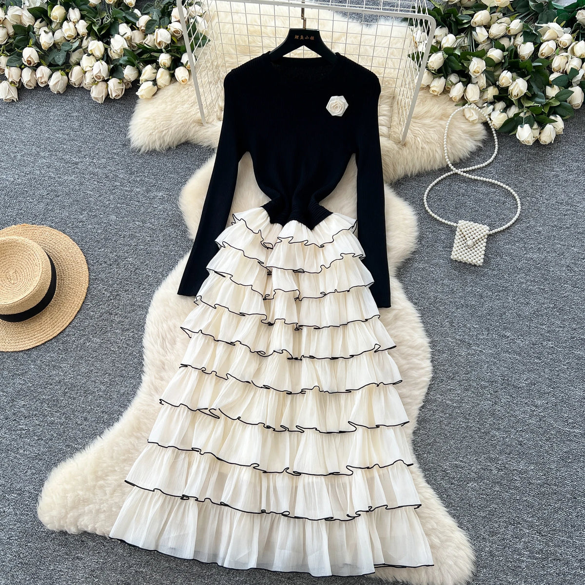 Floral O-Neck Full-Length Sleeve Tiered Slim Fit A-Line Ankle-Length Dress – Knitted Polyester, Natural Waist, Autumn/Winter Luxegan