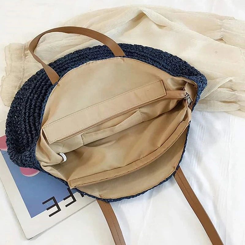 Large Capacity Round Women's Fashionable Straw Woven Shoulder Bag | Handmade Summer Beach Travel Holiday Women Tote Bags Luxegan