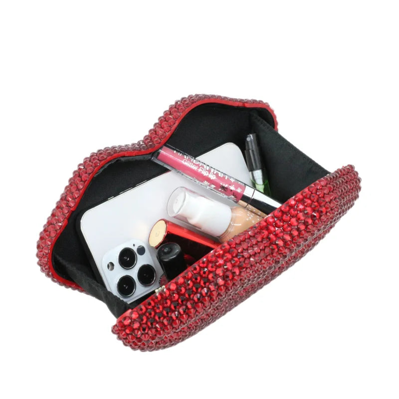 Luxury Red Lip Crystal Clutch | Sophisticated Diamond-Embellished Evening Bag | Elegant Novelty Lip-Shaped Handbag | "Dignified" Hard-Shell Dress Purse for Four-Season Formal Styling Luxegan
