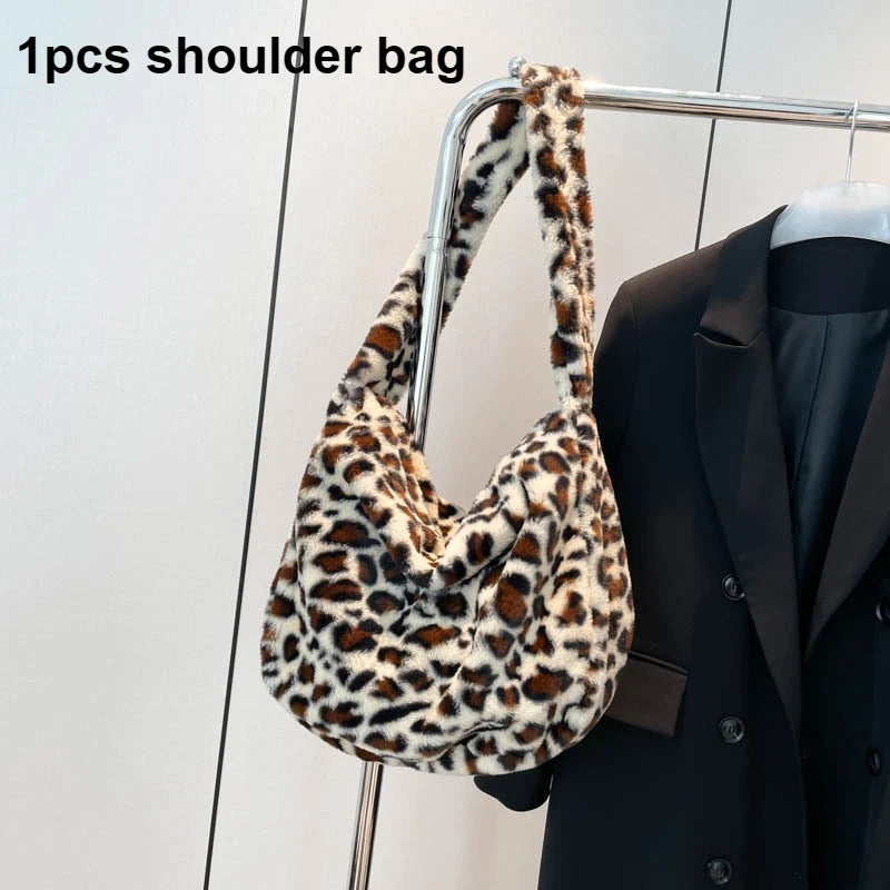 Cute Japanese Plush Fur Commuter Shoulder Tote Bag | Large Capacity Leopard & Polka Dot Pattern Flannel Handbag for Women Luxegan