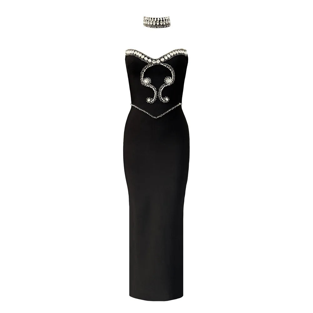 Solid Strapless Rhinestone Embellished Regular Fit Sheath Ankle-Length Knit Dress – Natural Waist, All Season Luxegan