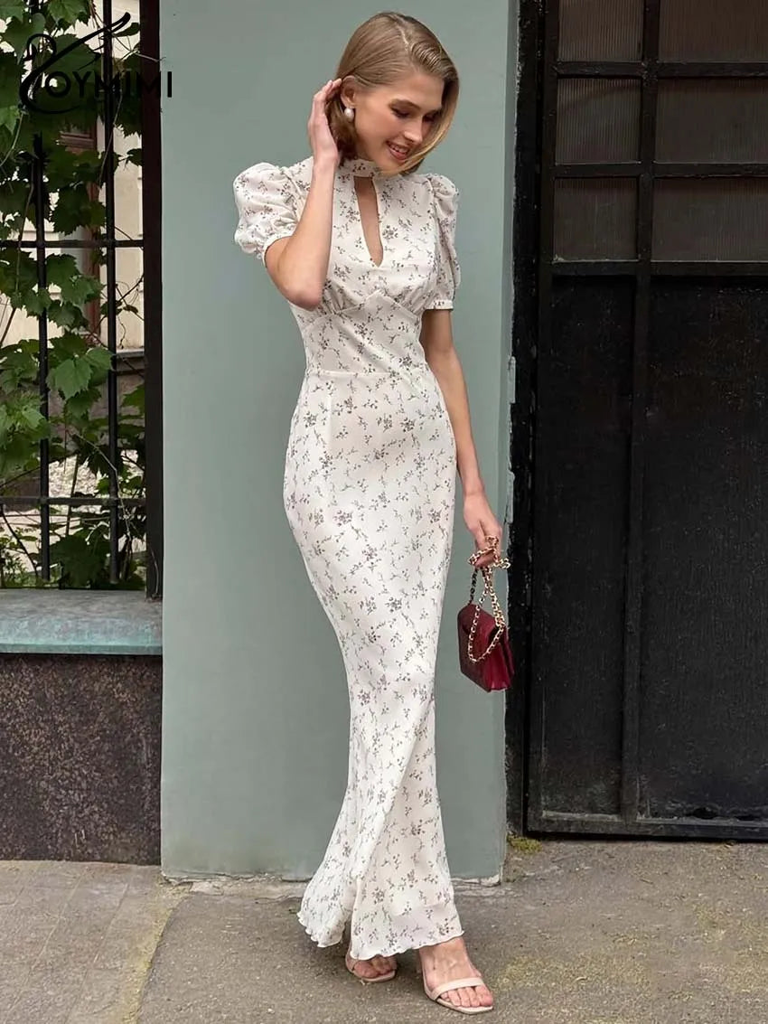  Hollow-Out Print Floor-Length Dress | O-Neck Short Sleeve High Waist Maxi Dress Luxegan