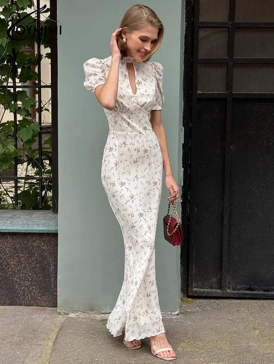 Hollow-Out Print Floor-Length Dress | O-Neck Short Sleeve High Waist Maxi Dress - view 2