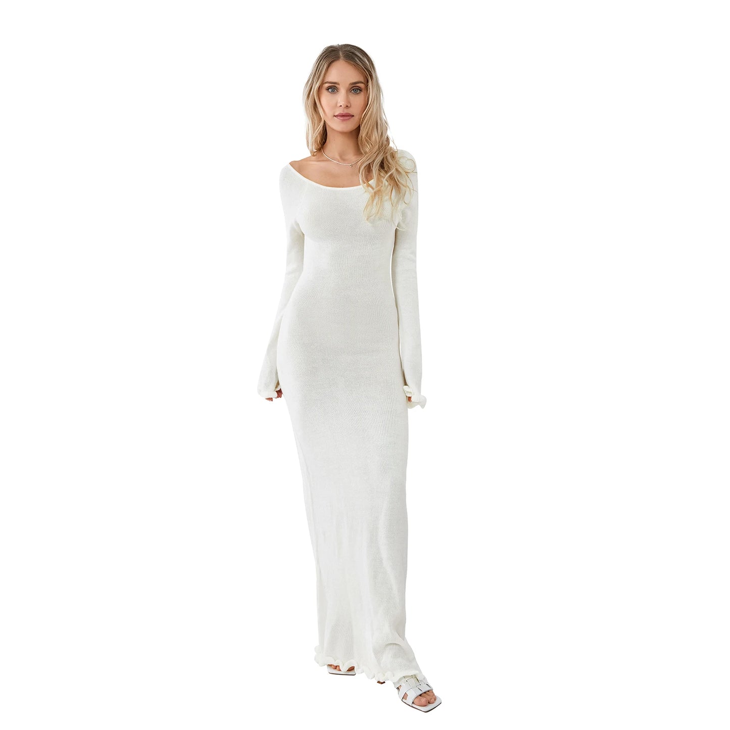 Women's Elegant Knit Backless Long Dress | Slim Fit Round Neck Ruffle Trim Bodycon Dress | Autumn & Winter Long Sleeve Ankle-Length Sheath Dress | Luxury Solid Color Winter Gown Luxegan