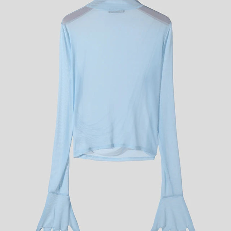 Men’s Sexy Mock Neck Mesh T-Shirt | Sophisticated "Transparent" Long Sleeve Silhouette | Elegant "See-Through" Net Yarn Nightclub Top | "Dignified" High-Performance Party Shirt for Radiant Versatile Styling Luxegan