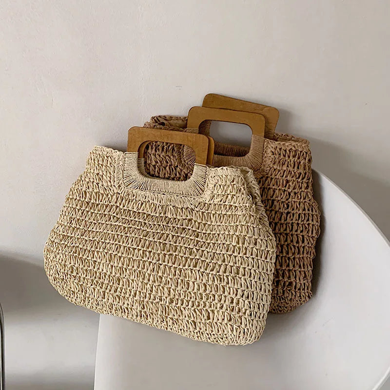 Summer Woven Straw Handbag | Wooden Handle Bag & Large Capacity Beach Tote Luxegan