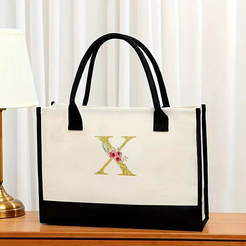 Canvas Gold Letter Fashion Tote Bag | Trendy Metallic Initial Handbag | Large Capacity Canvas Shopping Bag & Daily Satchel for Women Luxegan