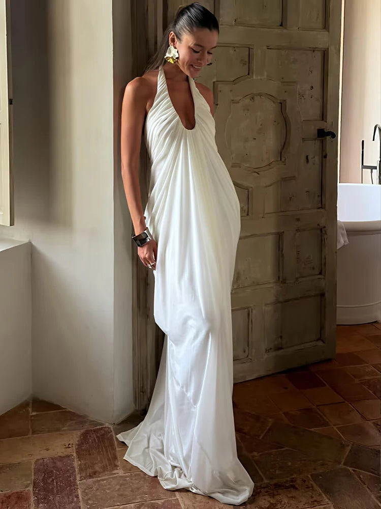 Mozision Mesh Halter Backless Sexy Maxi Dress Women Gown Fashion Elegant V Neck Sleeveless Pleated Club Party Long Dresses