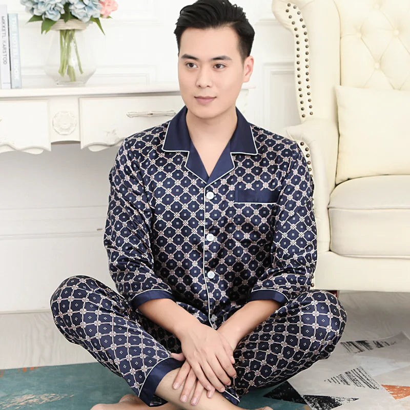 Men's Premium Ice Silk Pajama Set | Luxury Paisley Long-Sleeved Sleepwear Suit | Thin Turn-Down Collar Nightwear | Plus Size High-Quality Home Clothes Male Suit Model SY5004 Luxegan