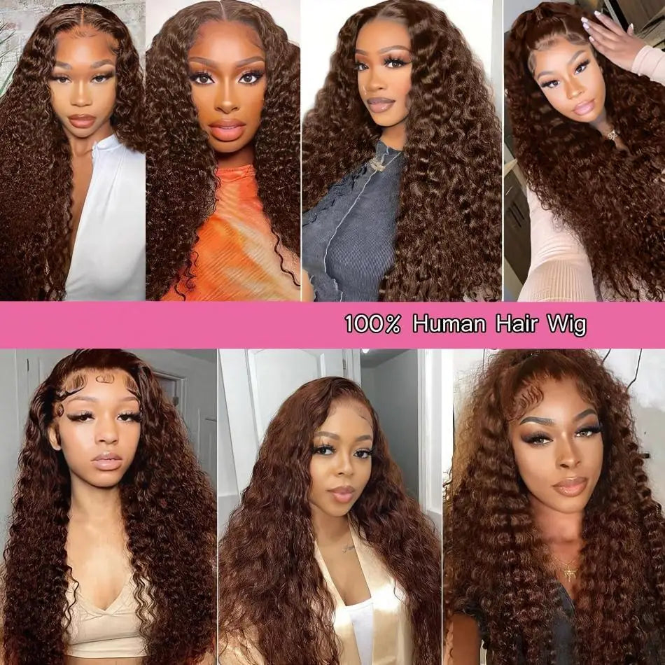 Chocolate Brown Deep Wave HD Lace Wig | Sophisticated 13x6 & 13x4 Transparent Frontal | Elegant "100% Brazilian Remy" Silhouette | "Dignified" Pre-Plucked Curly Human Hair for Radiant Versatile Styling Luxegan