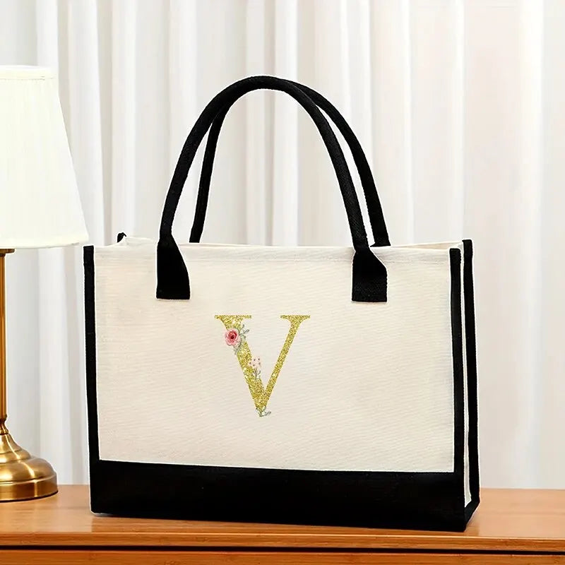 Canvas Gold Letter Fashion Tote Bag | Trendy Metallic Initial Handbag | Large Capacity Canvas Shopping Bag & Daily Satchel for Women Luxegan