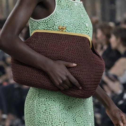 Irregular Design Seashell Straw Handbag | Sophisticated "Microfiber Leather" Silhouette | Elegant Big Clip Clutch | "Dignified" High-Performance Weaving Essential for Radiant Versatile Styling Luxegan