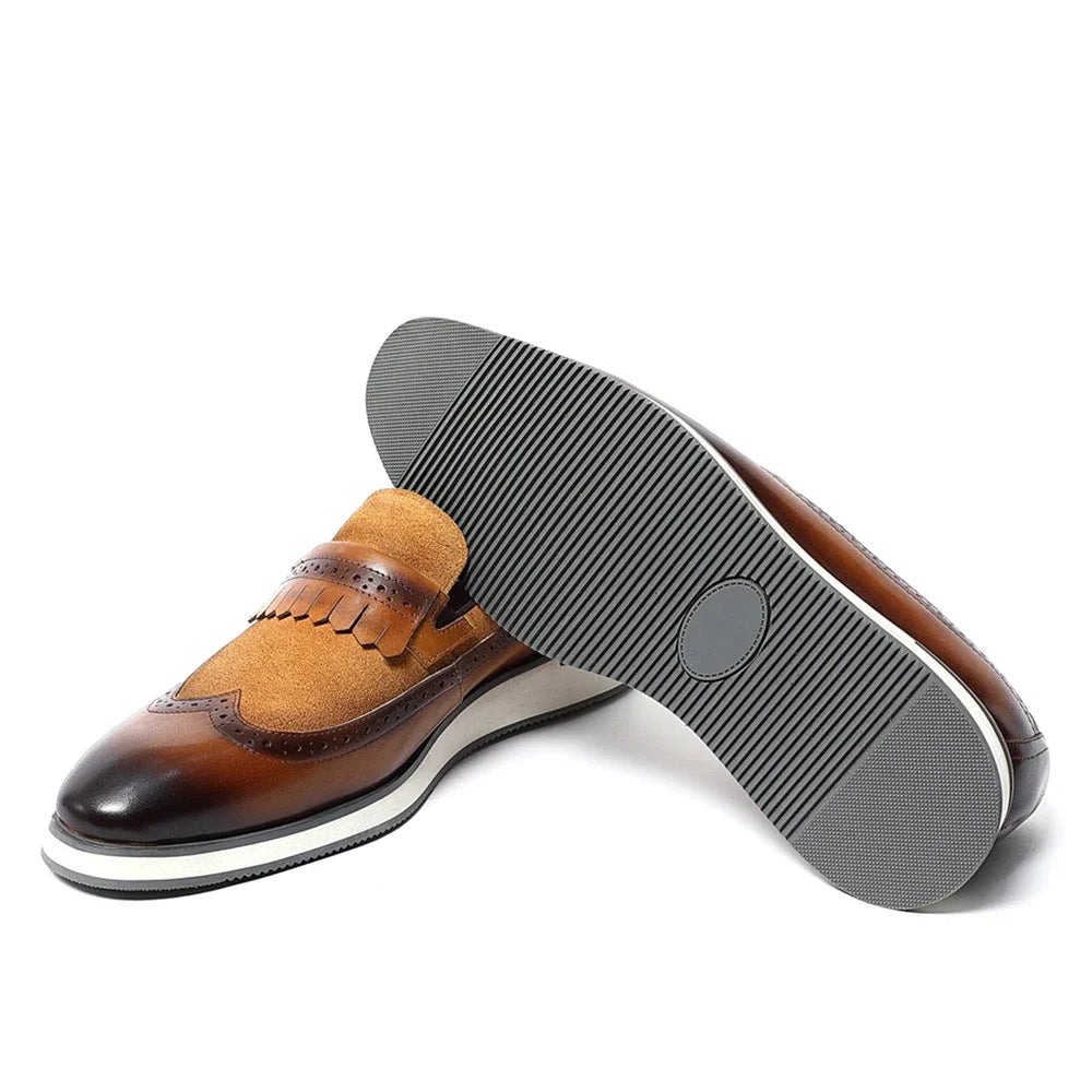 Many Colors Classy Men's Genuine Leather Tassel Loafers | Cow Suede Wingtip Brogue Casual Business Flats Luxegan
