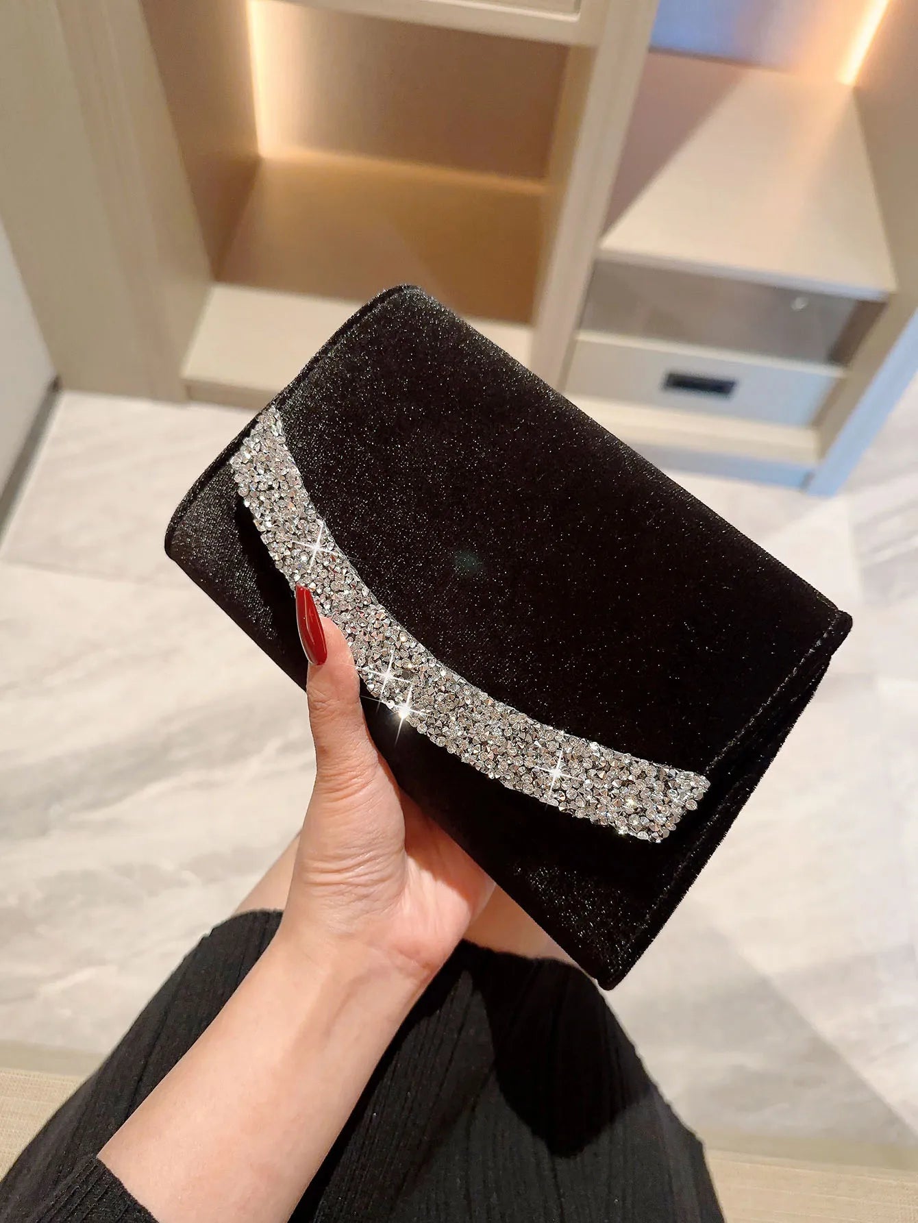 A Shiny Rhinestone Velvet Evening Bag | Romantic White Wedding & Formal Party Clutch Luxegan