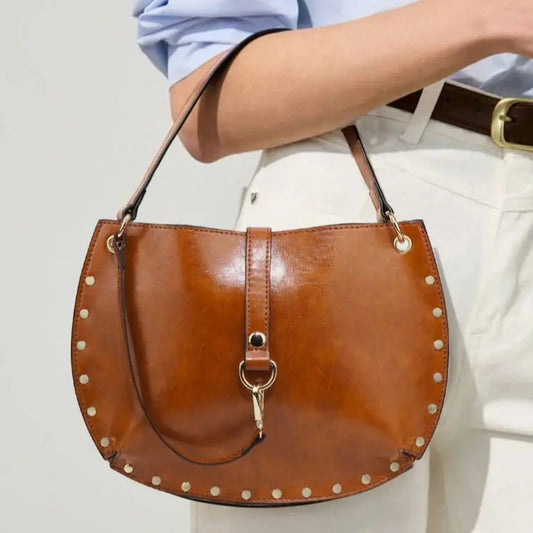 Studded Crescent Saddle Bag | Punk Shoulder & Crossbody Handbag Luxegan