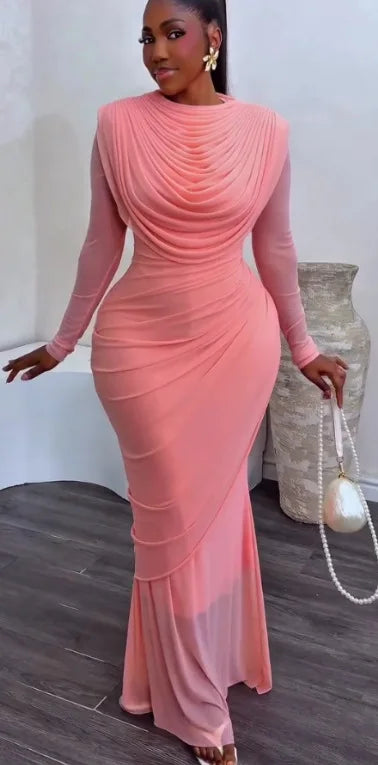 Ruched Mesh Maxi Dress – Long Sleeve, O-Neck, Floor-Length Party Dress Luxegan