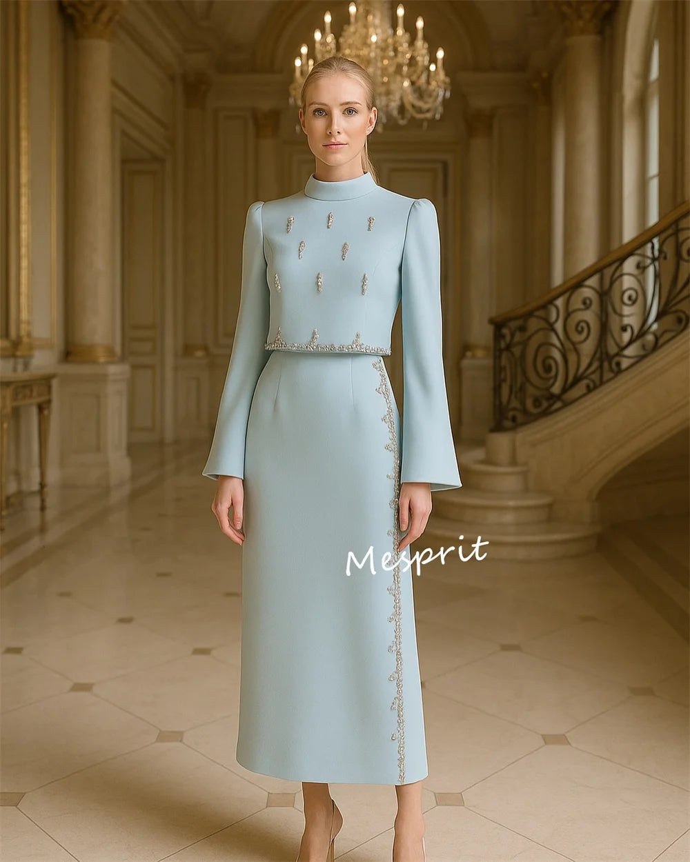 Sequined High Collar Formal Midi Dress Luxegan