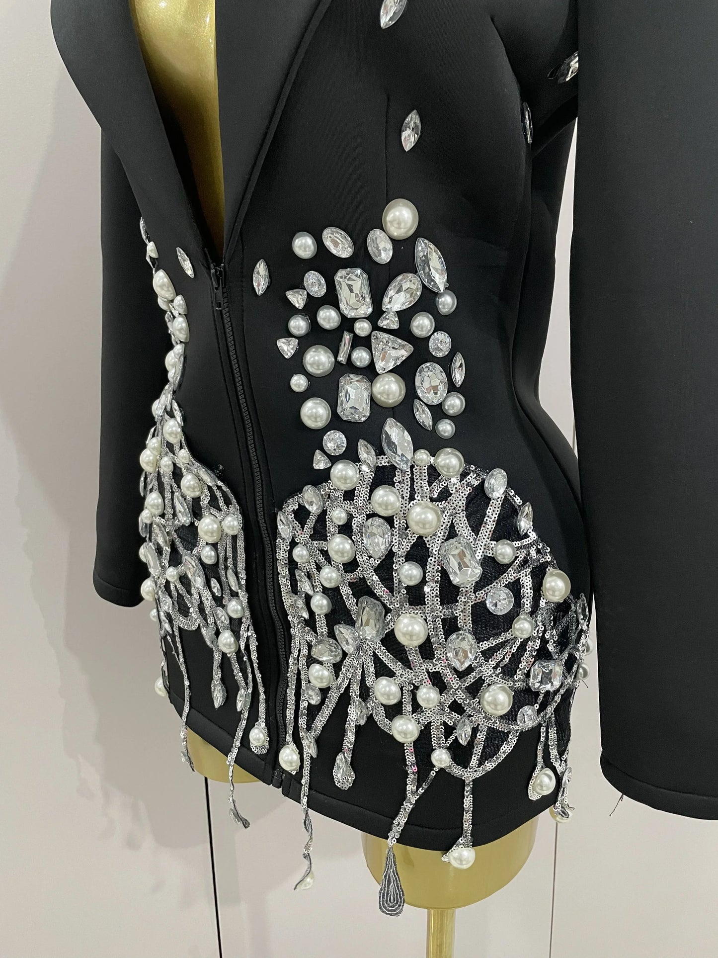 Sparkly Crystal Chains Pearls Long Sleeve Mini Dress 2025 Women Birthday Evening Party Nightclub Outfit Singer Wedding Costume