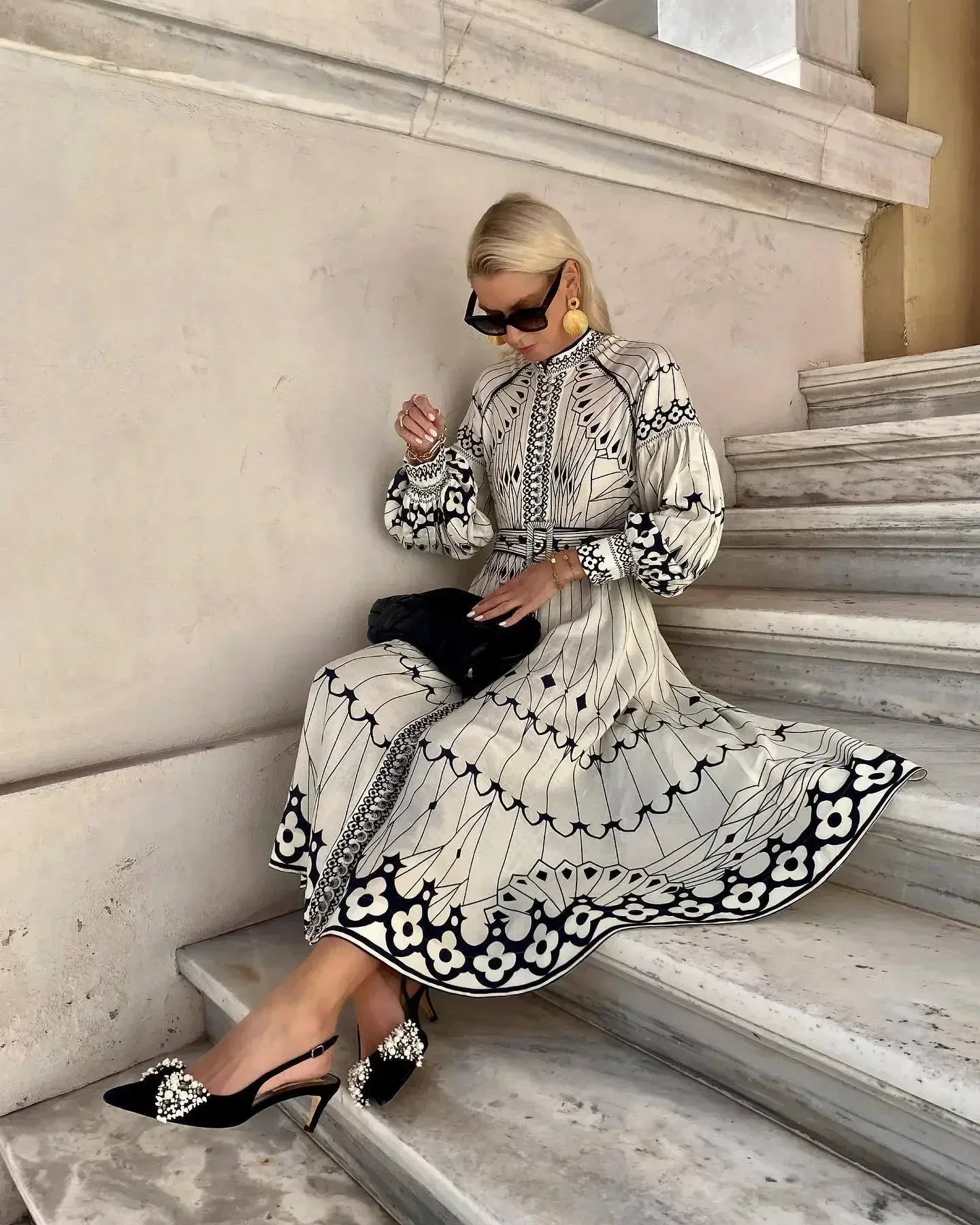 Turn-Down Collar Lantern Sleeve Belted Geometric Print Loose Boho Midi Dress | Retro Elegant - view 3