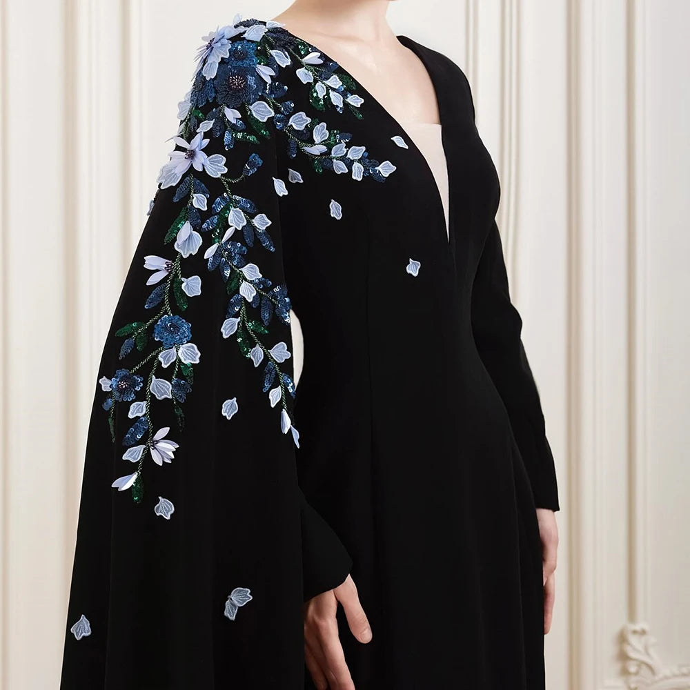 Bespoke A-Line Evening Dress with Fashion Flowers Stole | Simple V-Neck Full Sleeve Floor-Length Prom Gown | Luxurious Draped Jersey Formal Party Dress | Model zrj Customized Occasion Wear Luxegan