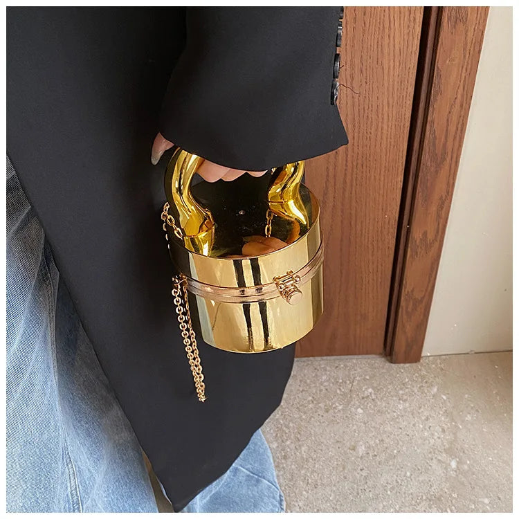 Gold Box Handbag | Shiny Party Evening Clutch & Metal Chain Messenger Purse Luxegan