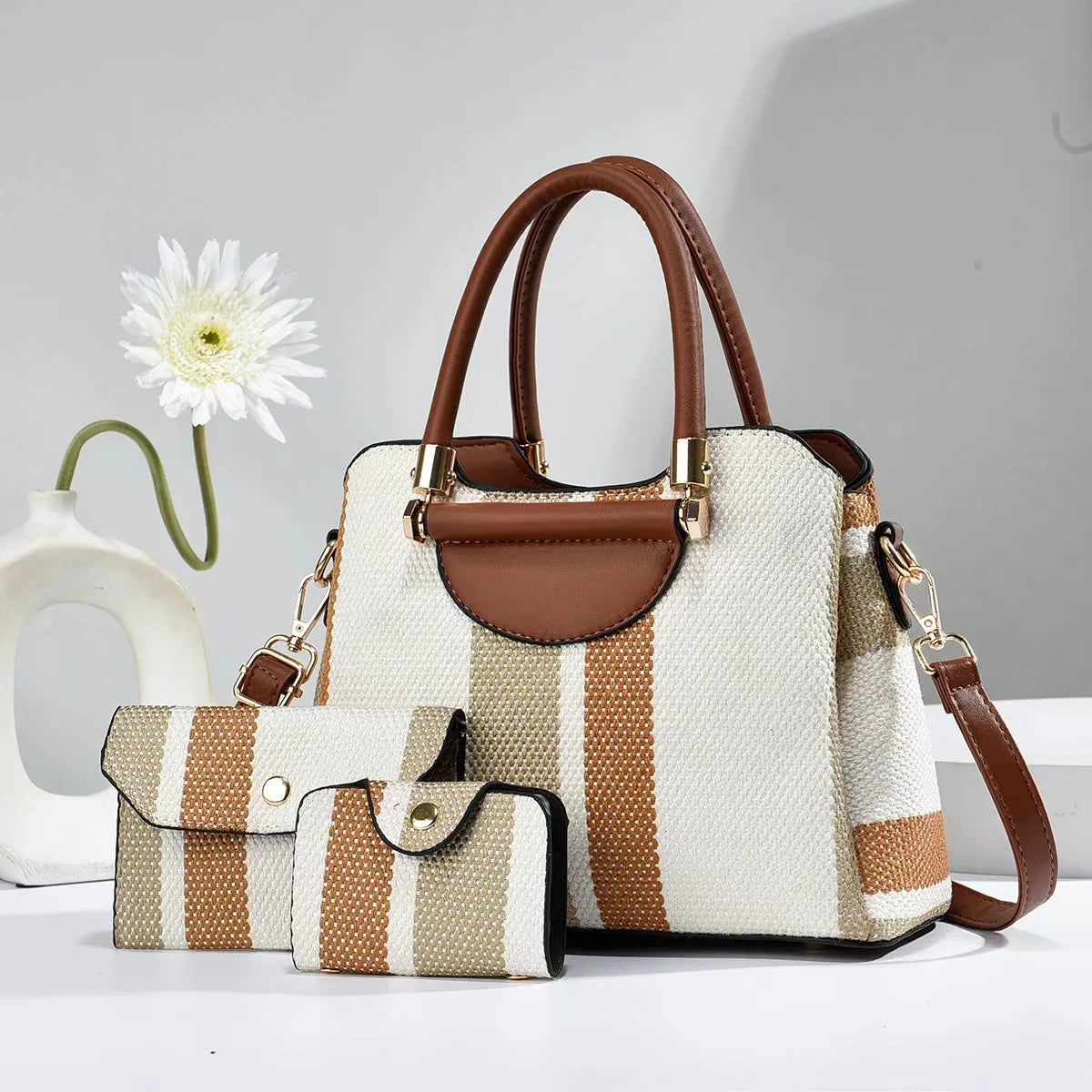 3-Piece Set Fashion Women's Handbags | Striped Leather Totes & Top-Handle Bag Luxegan