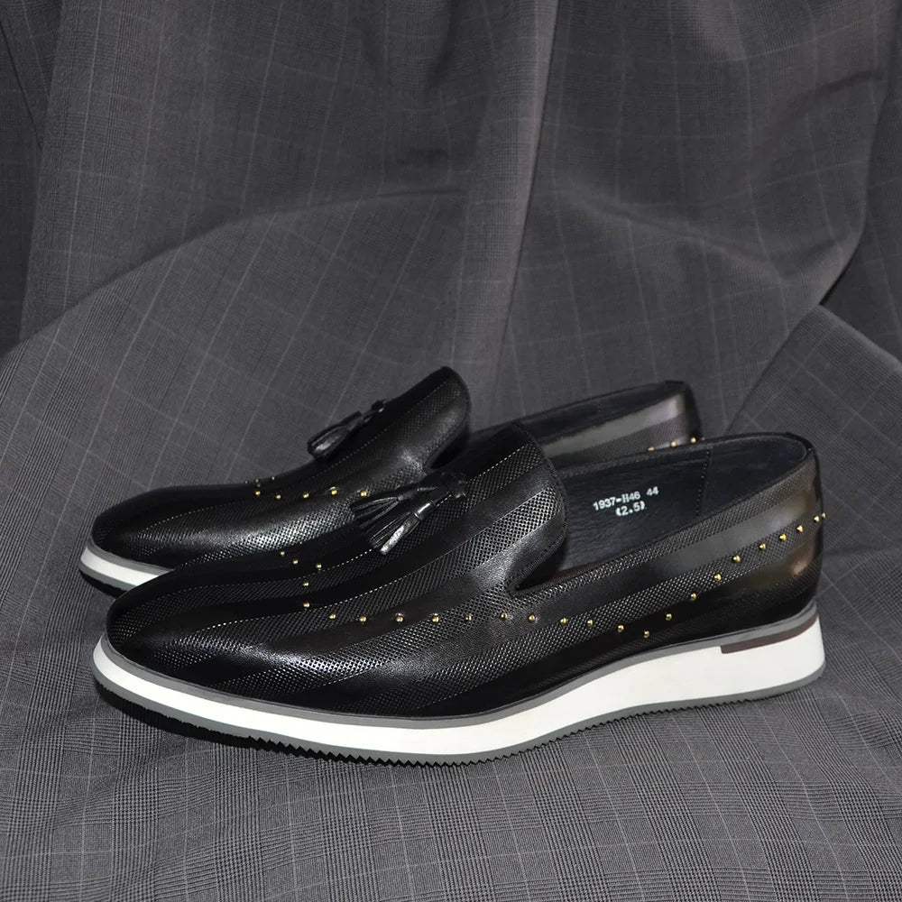 Classic European Gray Genuine Leather Loafers | Sophisticated Rivet & Tassel Accents | Elegant "Genuine Cow Leather" Silhouette | "Dignified" Sheepskin Insole & Non-Slip Rubber for Radiant Versatile Styling Luxegan