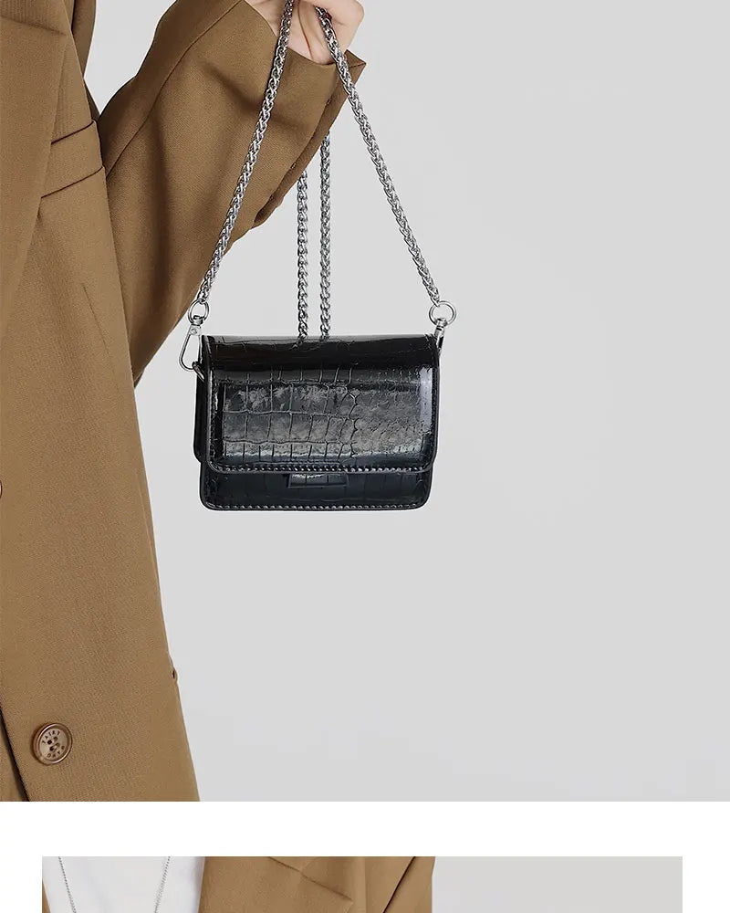 Summer Patent Leather Chain Mini Handbag | Women's Silver PU Crossbody Bag | HARD Fashion Square Buckle Lipstick Purse Luxegan