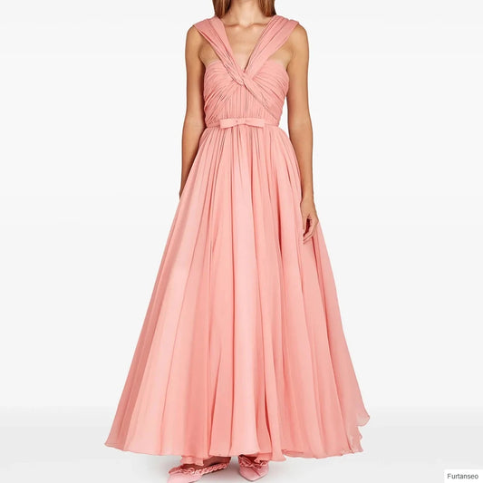 Pleat Bow Draped Backless V-Neck Sleeveless Ankle-Length A-Line Evening Gown Luxegan