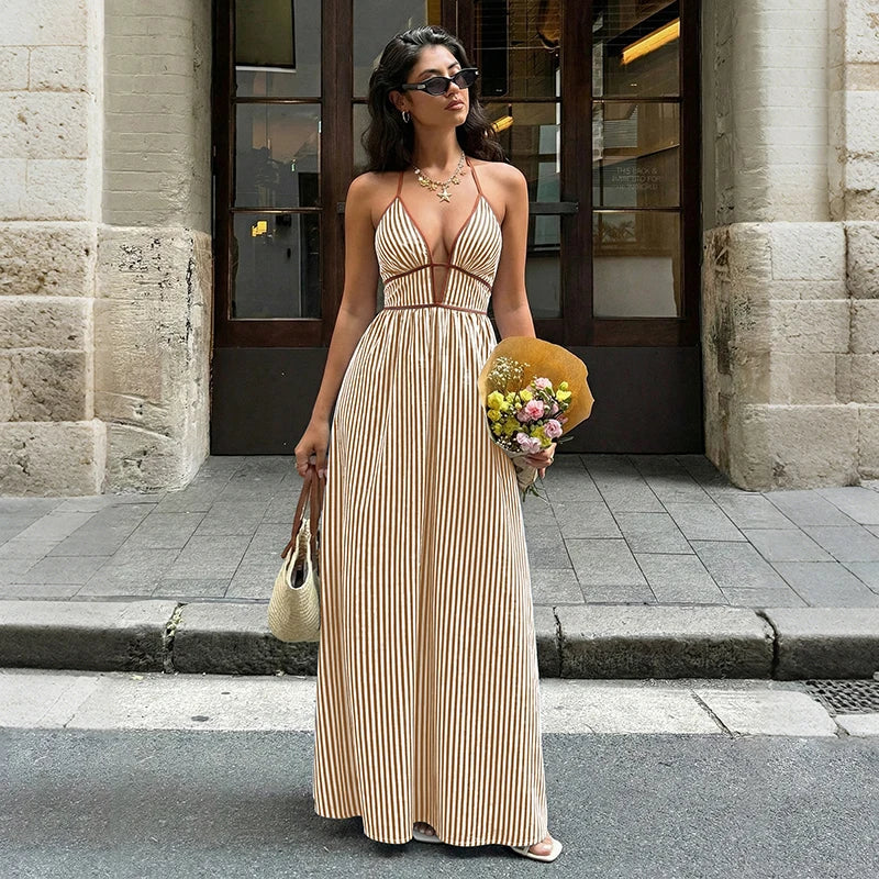 Deep V-Neck Halter Backless Striped Fit & Flare Maxi Dress | Sleeveless Sexy Beach Summer Dress Luxegan