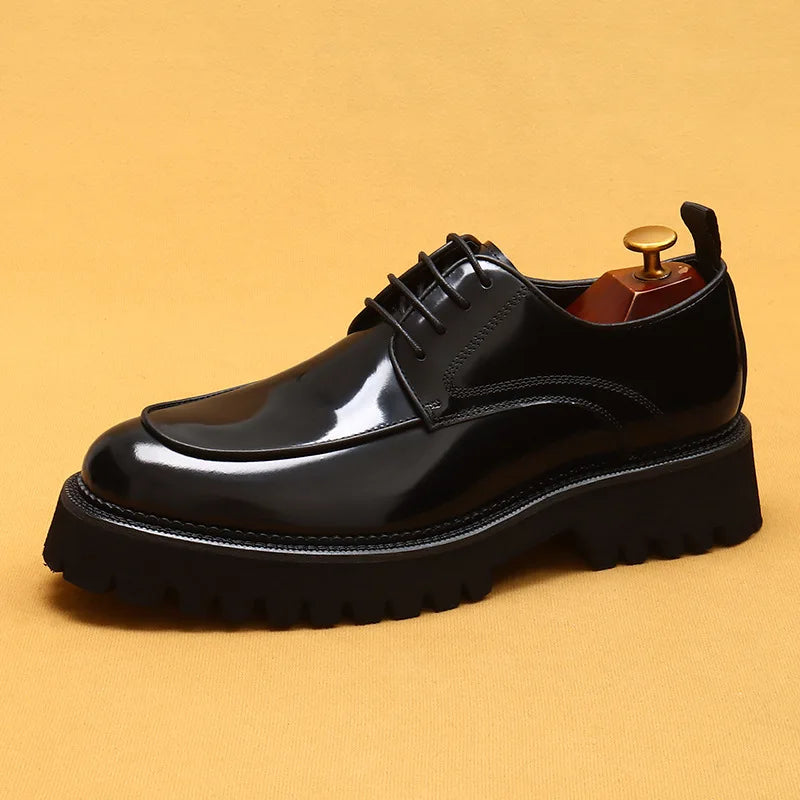 Designer Glossy Leather Derby Shoes | Sophisticated Thick-Sole Round-Toe Footwear | Elegant "Waxed Cowhide" Silhouette | "Dignified" British Style Lace-Up Shoes for Radiant Versatile Office & Career Styling Luxegan