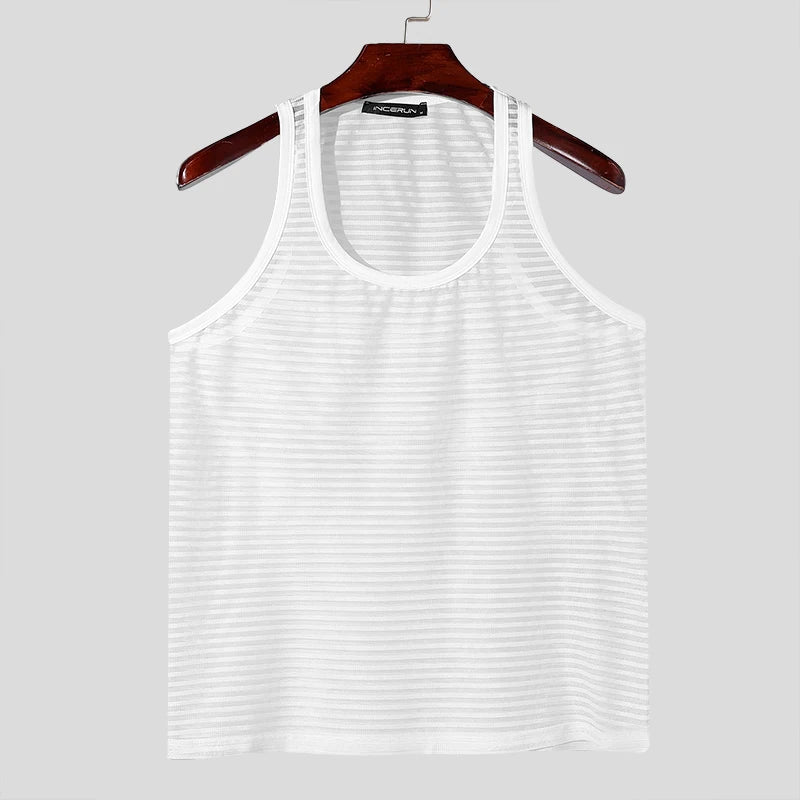Camisetas informales de moda INCERUN nuevas camisetas sin mangas a rayas transparentes y sexys para hombre, chalecos finos ajustados para discoteca masculina