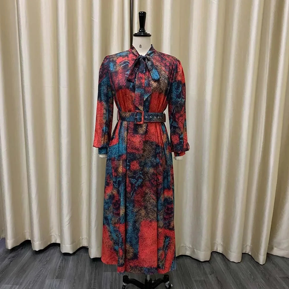 Elegant Vintage Dresses for Women Bow Collar Full Sleeve Belt Waisted A Line Mid Calf Birthday Party Dinner Vestidos Mujer Dress