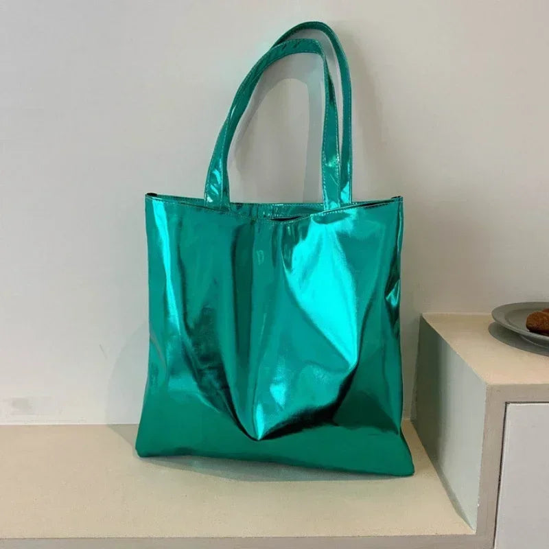 Glossy Fashion Tote Bag | Sophisticated High-Capacity Shopping Pouch | Elegant Shiny Casual Female Purse | "Dignified" Soft TPU Handbag with Top Handles for Versatile Daily Styling Luxegan