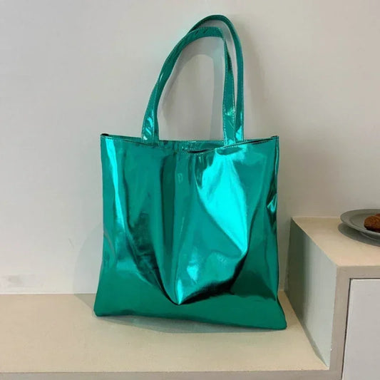 Glossy Fashion Tote Bag | Sophisticated High-Capacity Shopping Pouch | Elegant Shiny Casual Female Purse | "Dignified" Soft TPU Handbag with Top Handles for Versatile Daily Styling Luxegan