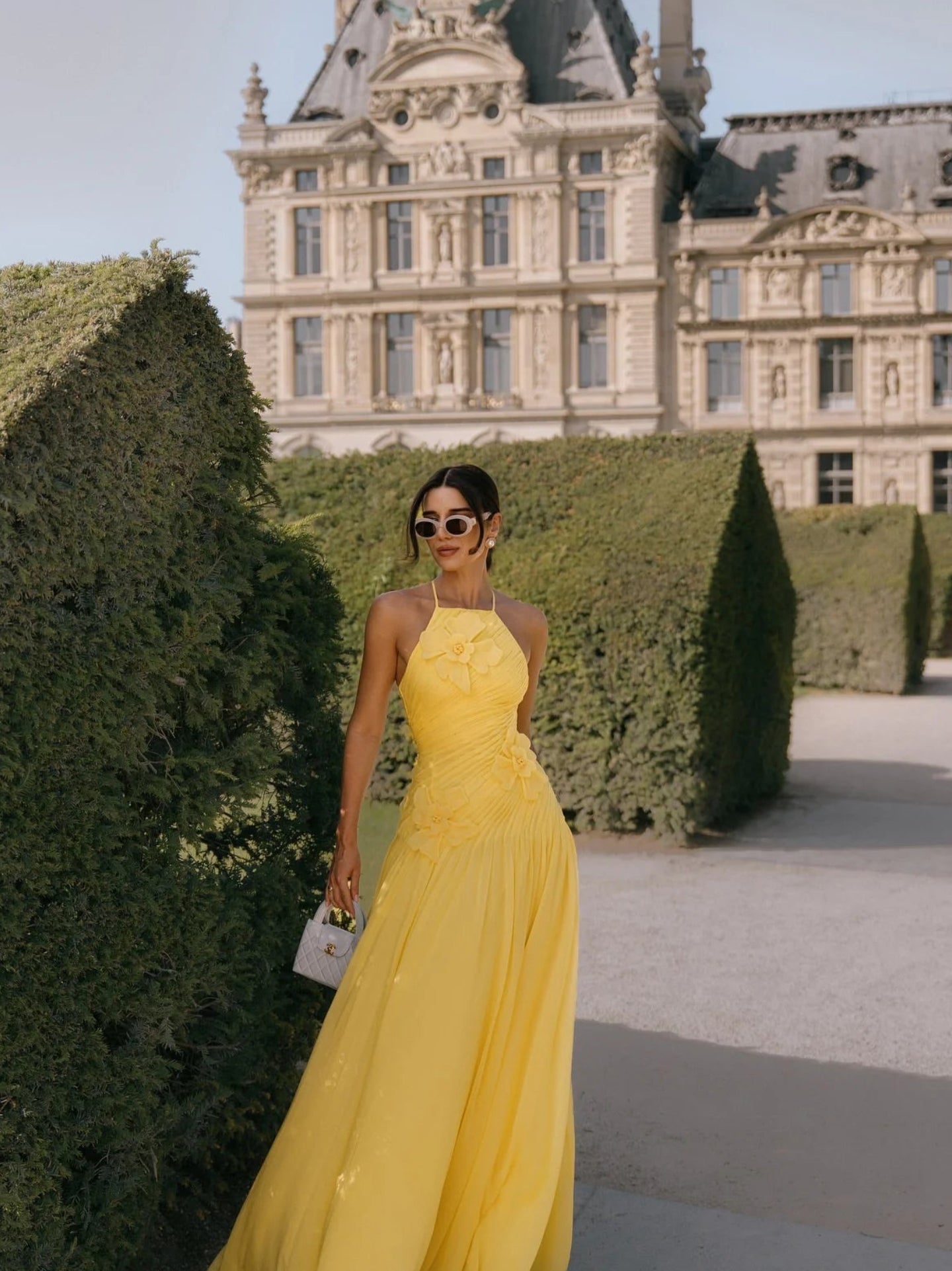 Women's Halter Neck Evening Dress | Handmade Pleated Yellow Chiffon Gown | Elegant A-Line Floor-Length Prom Dress | Premium Sleeveless Formal Occasion Robe Model sxy25091208