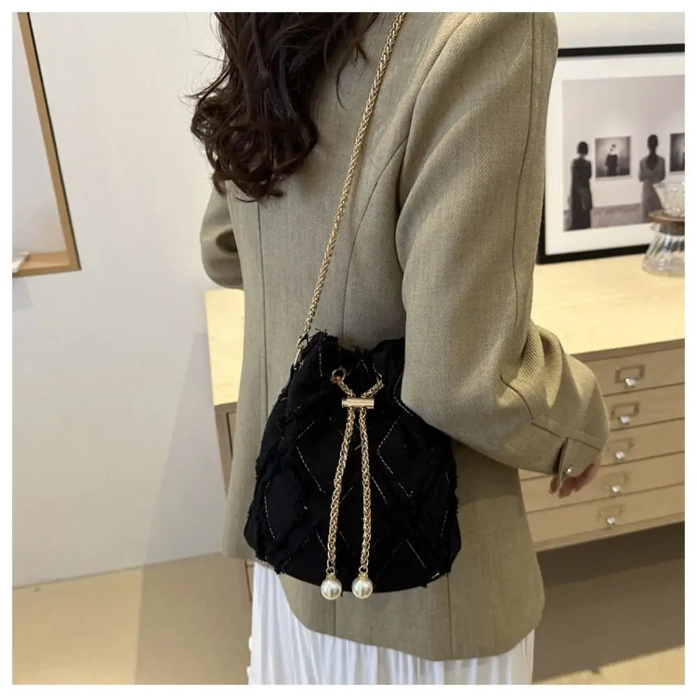 Portable Pearl Denim Bucket Bag | Chain Small Purse Tassel Denim Crossbody Bag | Korean Style Handbag Cloth Shoulder Bag (Casual Tote) Luxegan
