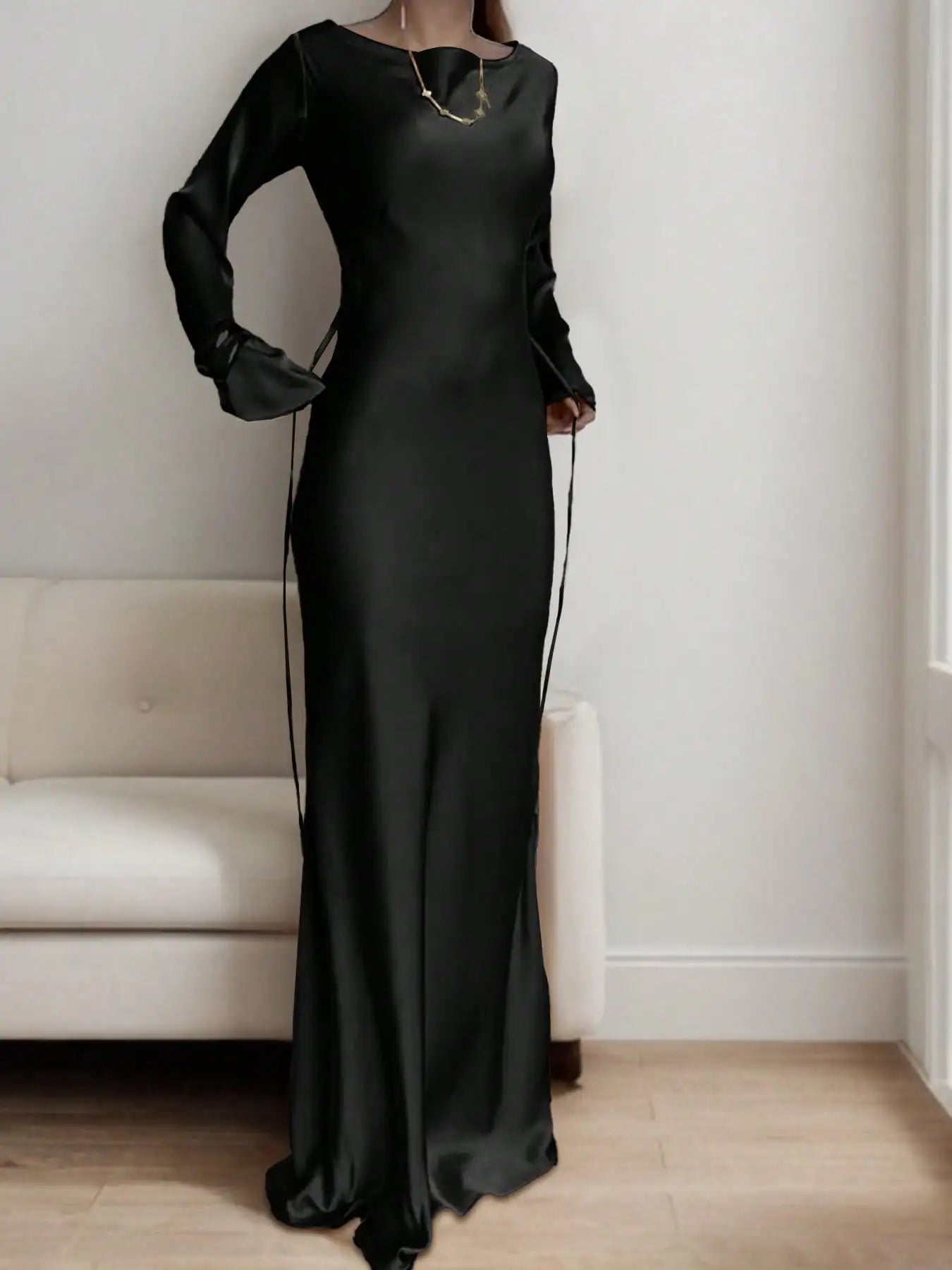 Bespoke Satin Corset Maxi Dress | Dramatic Flared Sleeve Luxury Evening Gown | Solid Round-Neck Slim Fit Mermaid Dress Luxegan