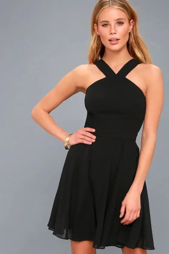 Solid Halter Sleeveless Hollow-Out Loose Fit A-Line Mini Dress – Non-Stretch Chiffon, Empire Waist, Summer Luxegan