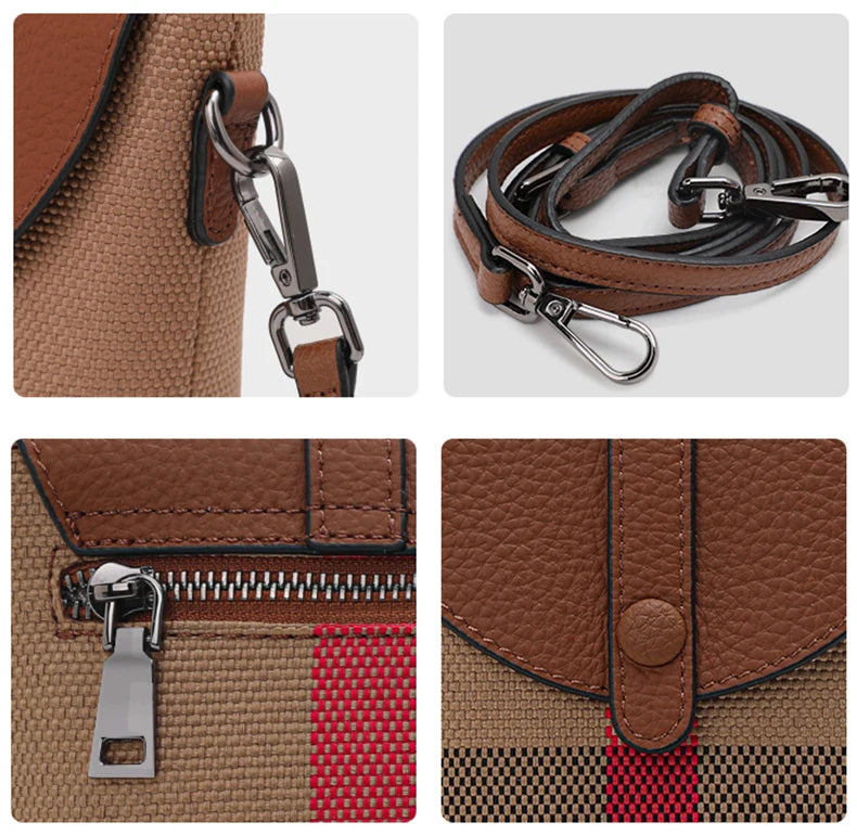 Fashionable Women's Mini Bag | Plaid Canvas & Genuine Cowhide Patchwork Handbag | Elegant Single Shoulder Crossbody & Portable Small Bag Luxegan