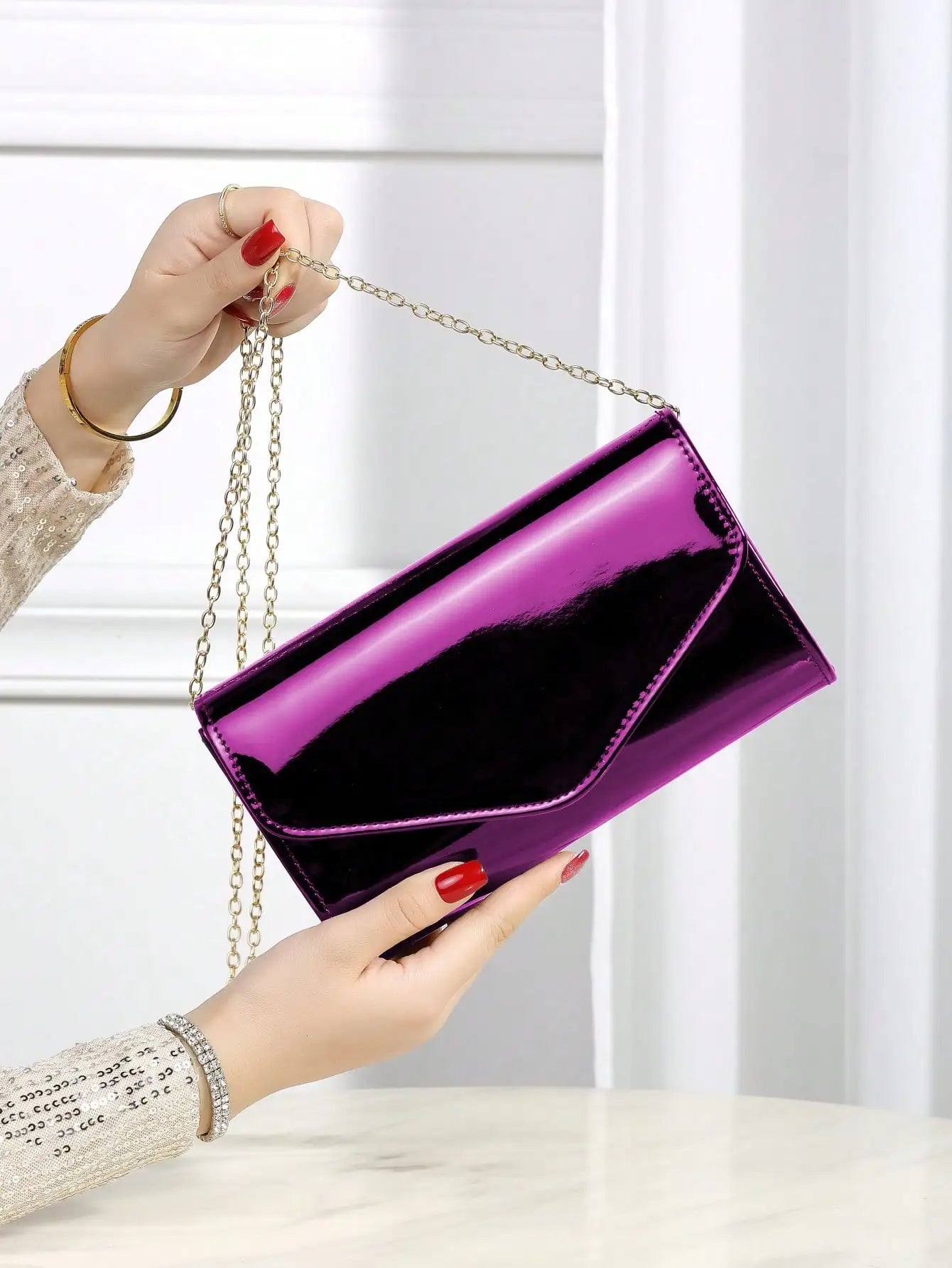 PU Leather Solid Clutch Bag | Hard Elegant Chain Crossbody Square Bag Luxegan