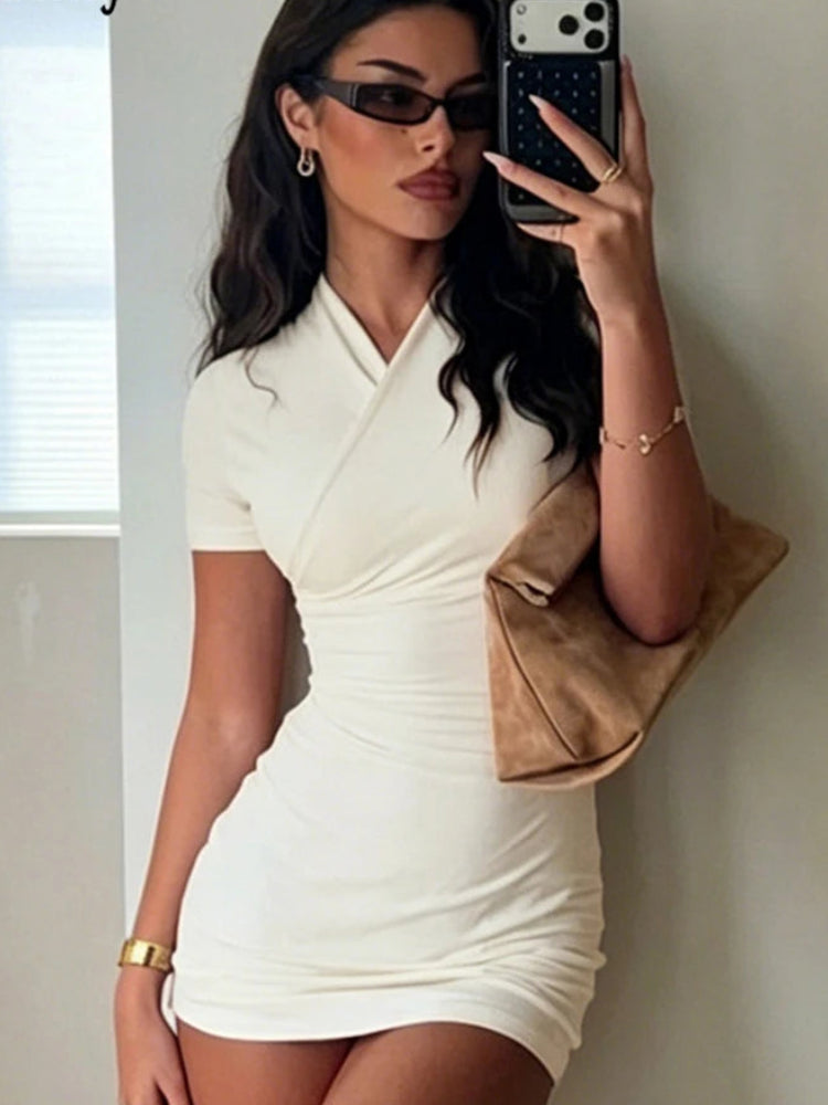 Solid V-Neck Short Sleeve Slim Sheath Mini Dress – Knit Polyester, Empire Waist, Summer Luxegan